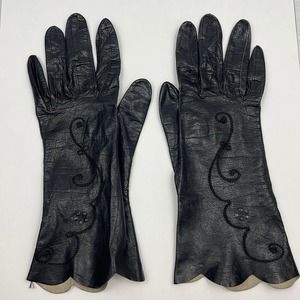 Vintage Black Leather Embroidered Gloves